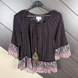 Blu Heaven Women's Boho Peasant Blouse Small Black Paisley Bell Sleeve Peacock